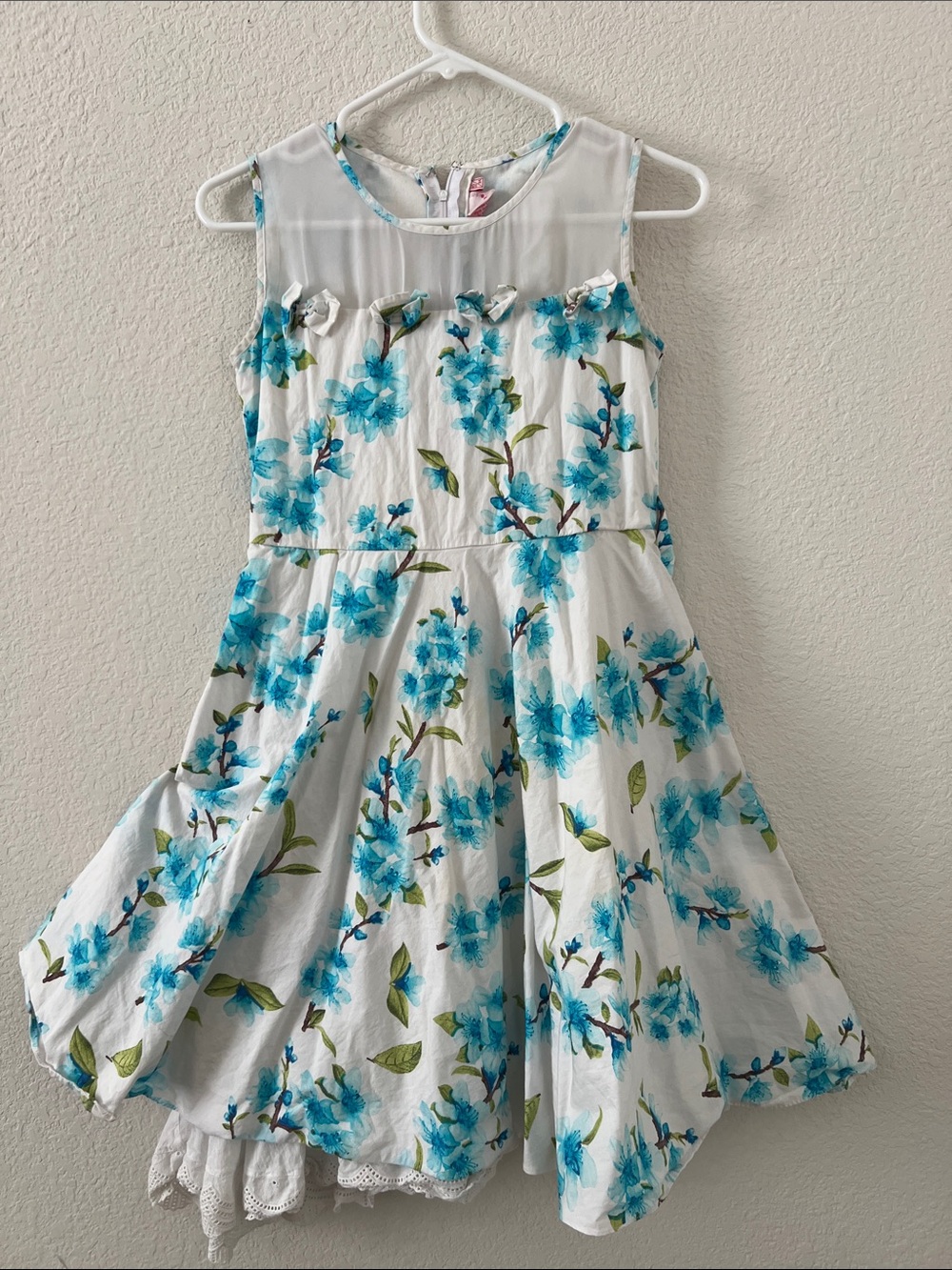 Girls White Dress with Blue Floral Print